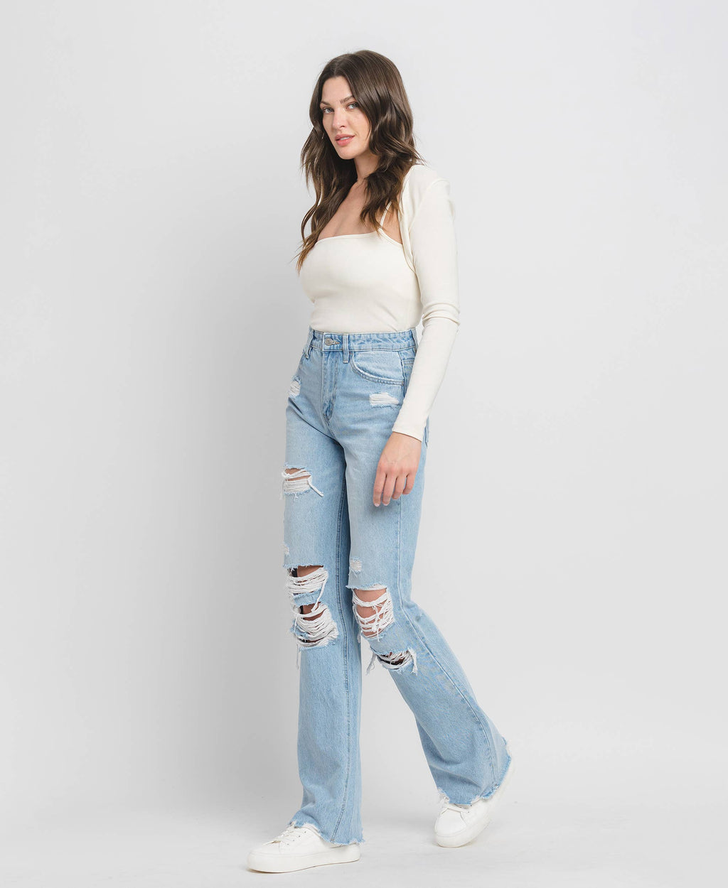 Throwback Distressed Flare Jeans by Flying Monkey