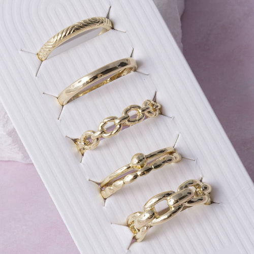 5 Piece Gold Chain And Band Ring Stack Set