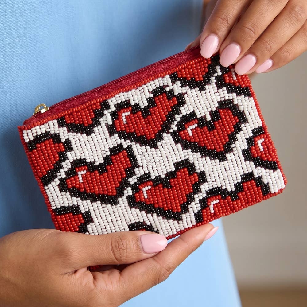Geometric Heart Beaded Coin Pouch