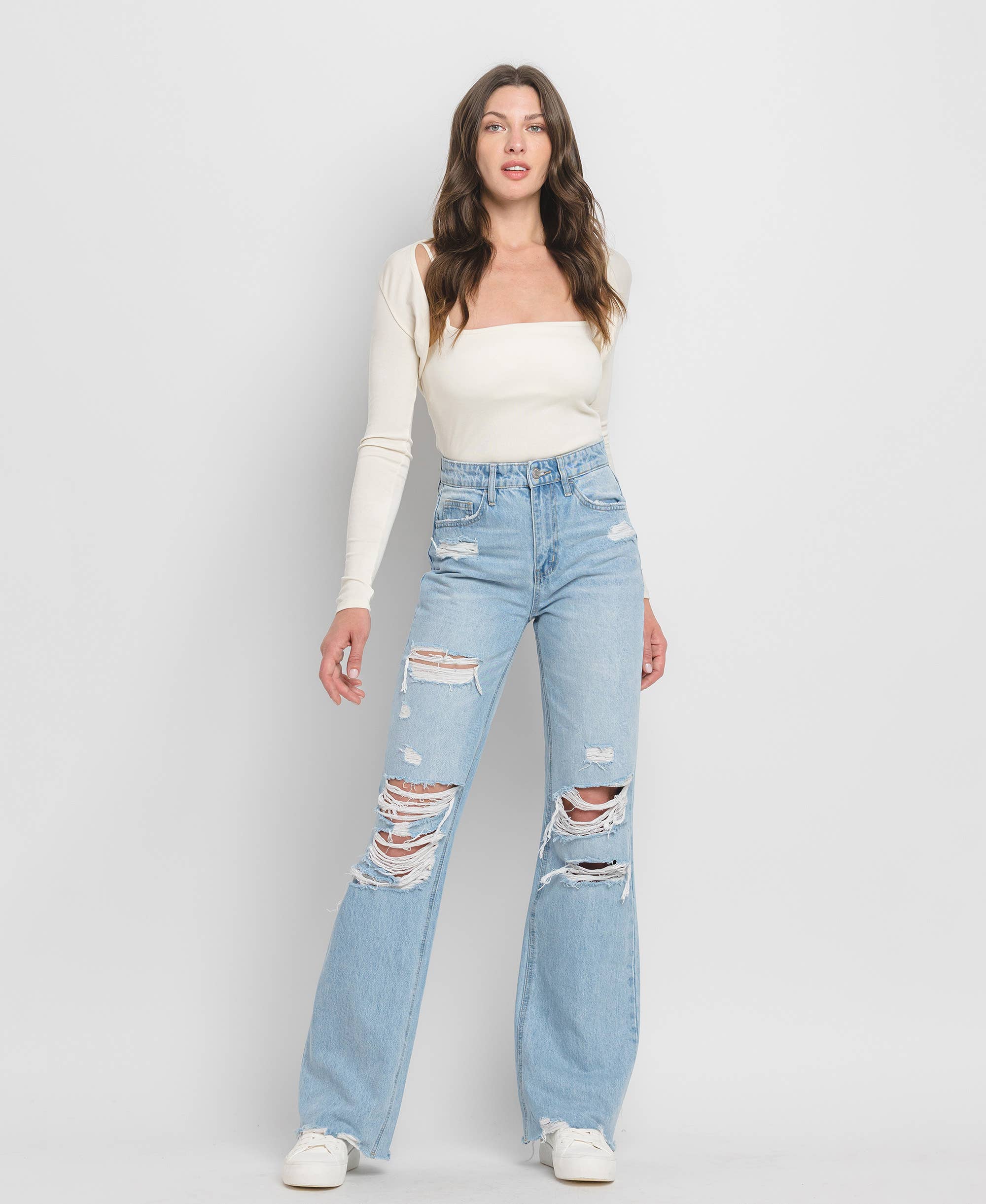 Throwback Distressed Flare Jeans by Flying Monkey