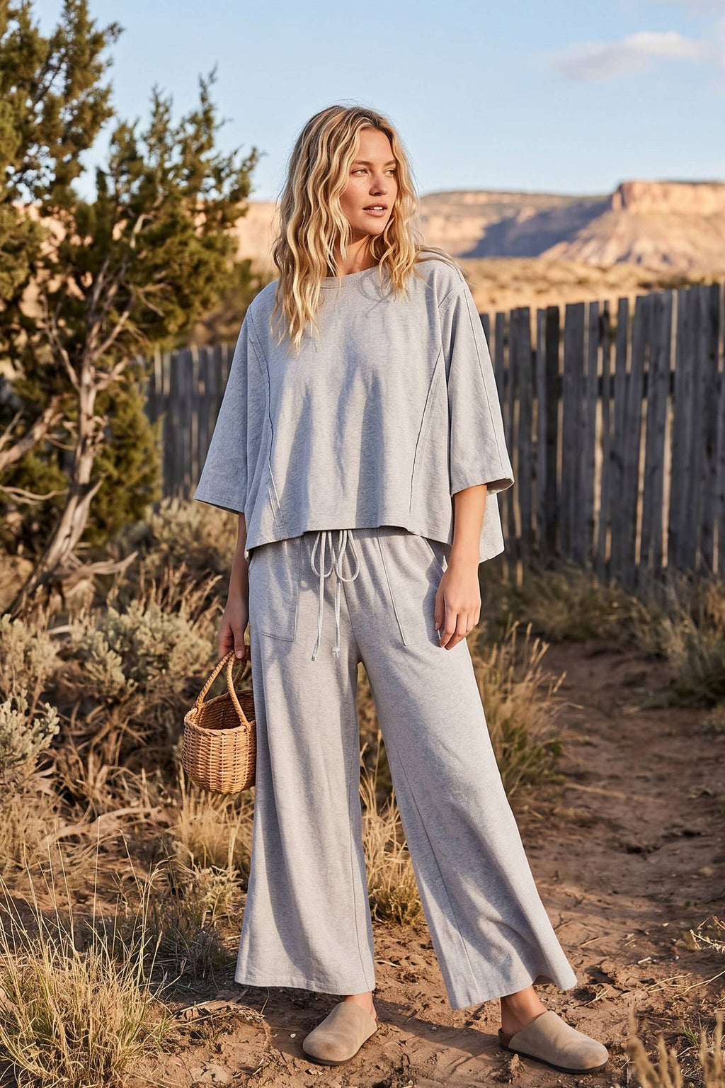 Brushed Stretch Boxy Top & Wide Leg Pant Set
