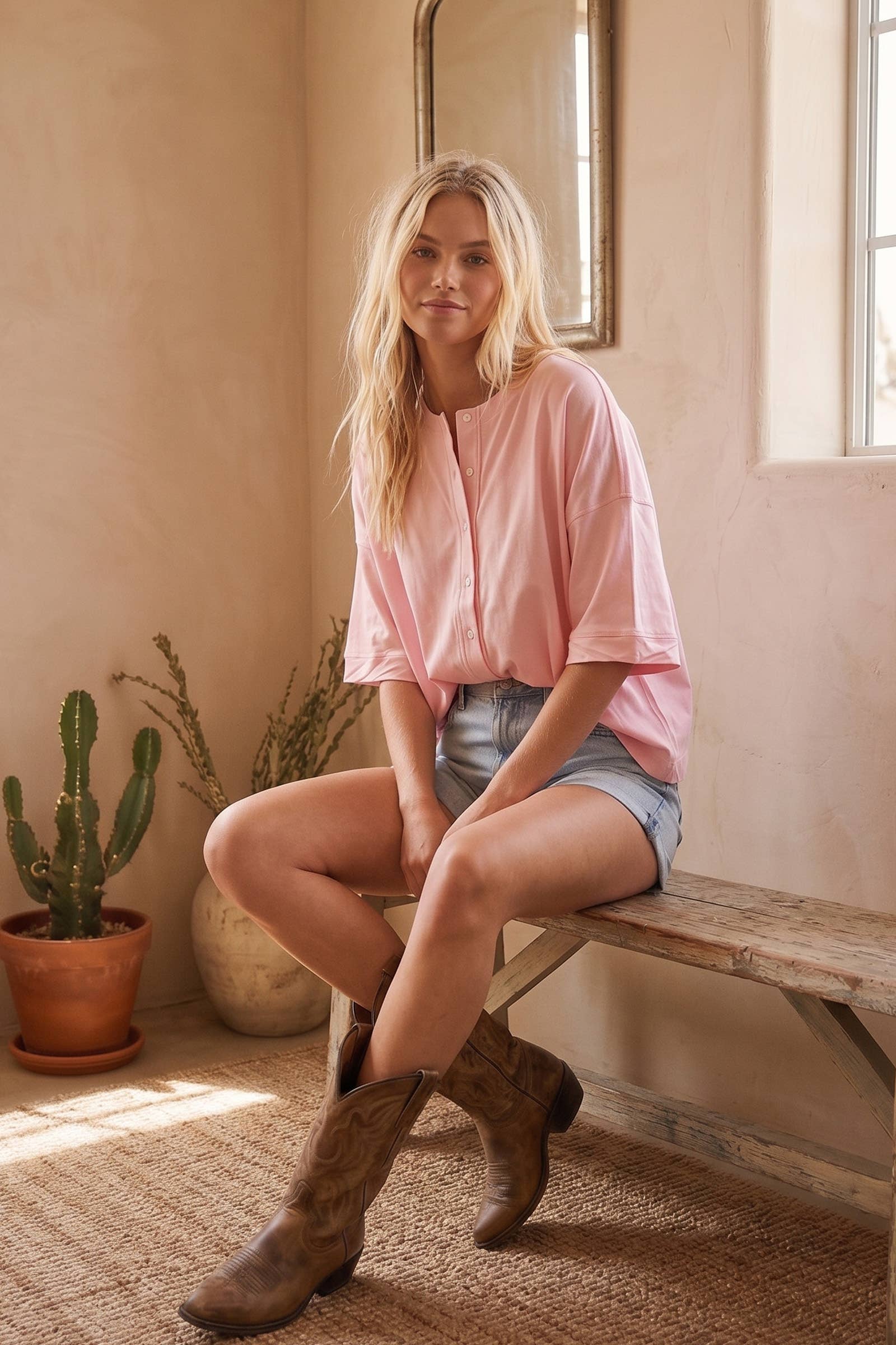 Oversized Button Front Stretch Lightweight Knit Top