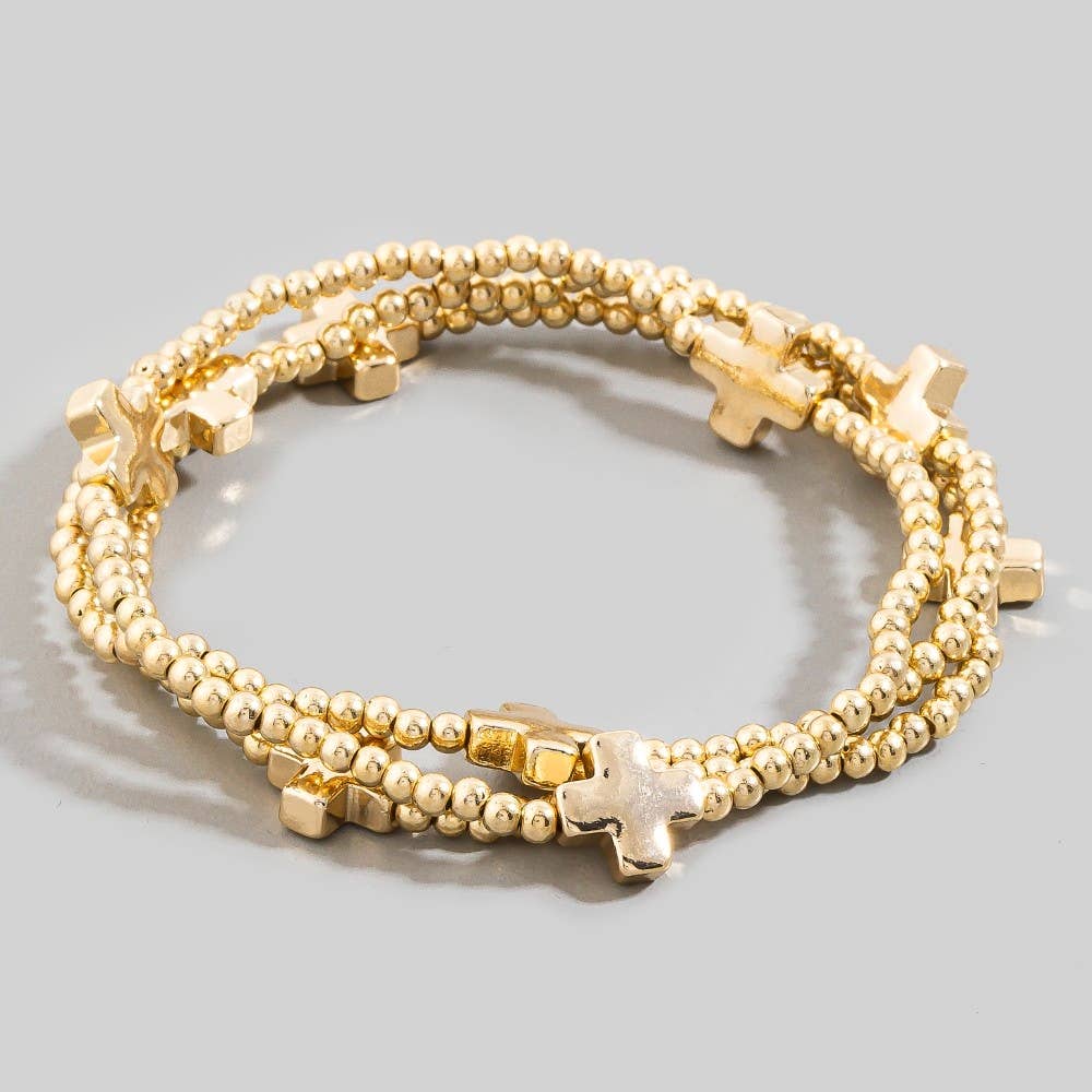 Mini Cross Charms And Metallic Beads Bracelet Set