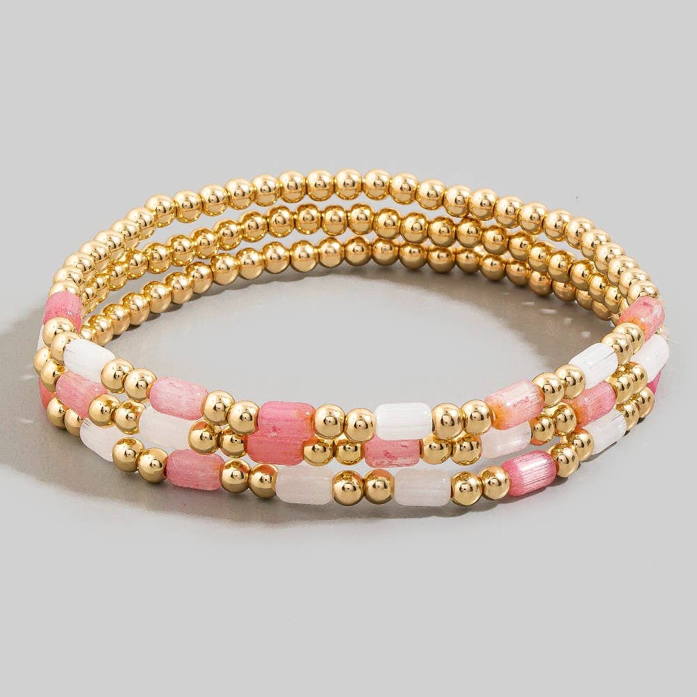 Tube & Gold Ball Beaded Stretch Bracelet Set