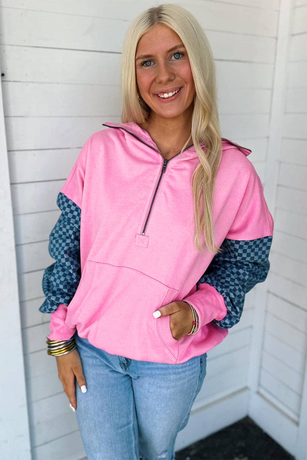 Bonbon Checkered Patchwork Hoodie