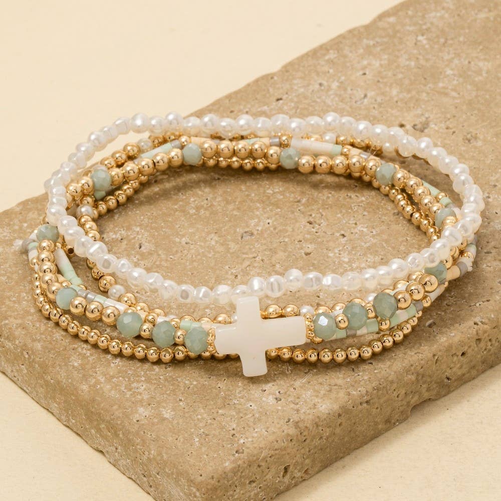 Sea Shell Cross Charm Mixed Mini Beaded Bracelet Set