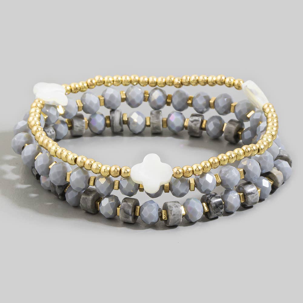 Shell Clover Multi Bead Layer Stretch Bracelet