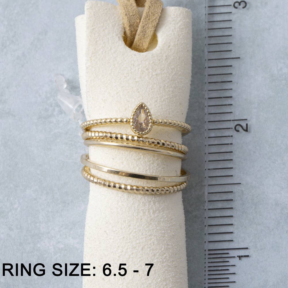 Five Piece Cz Bezel Pear Stone Stacking Ring Set