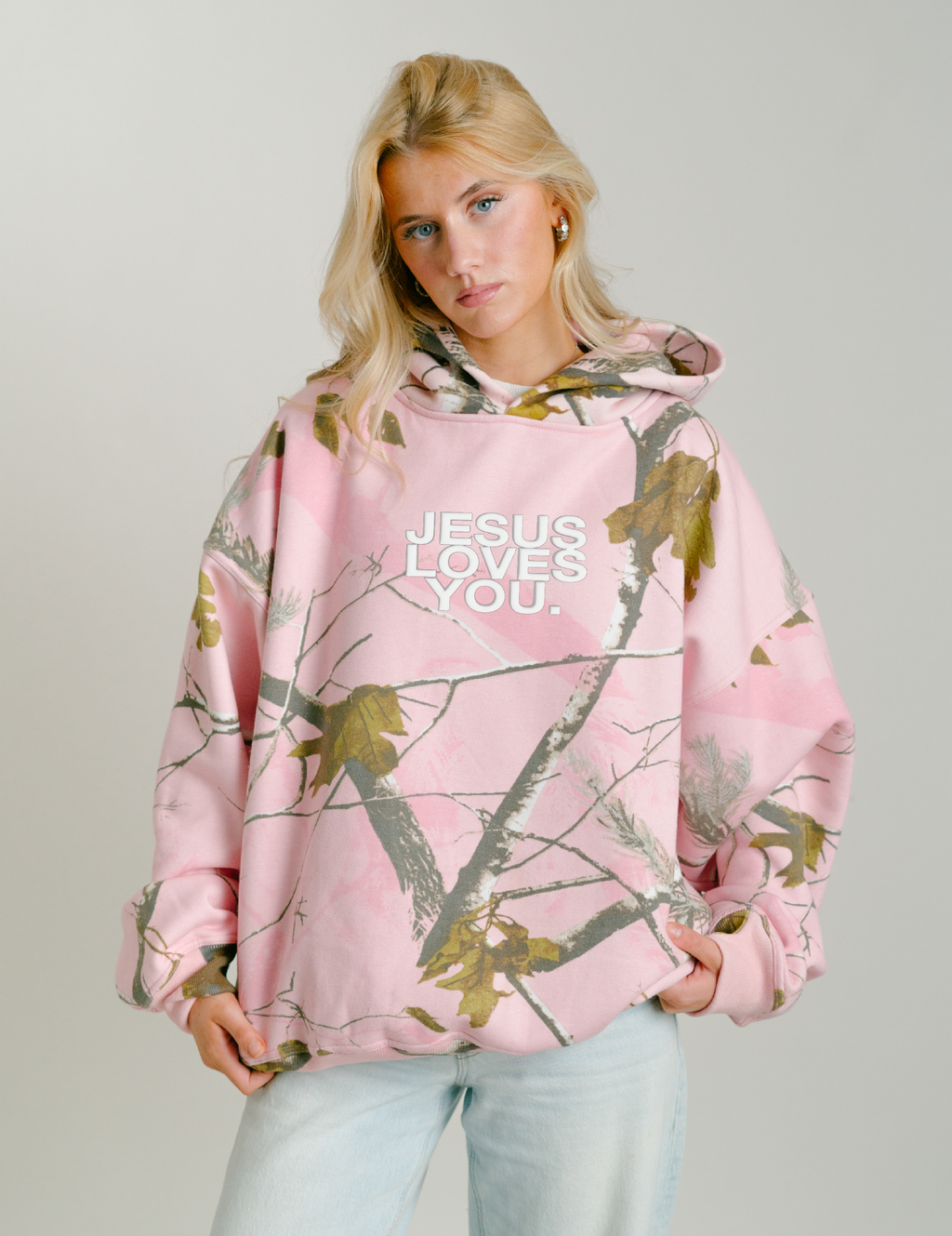 The Blush Jesus Loves You Camo Hoodie