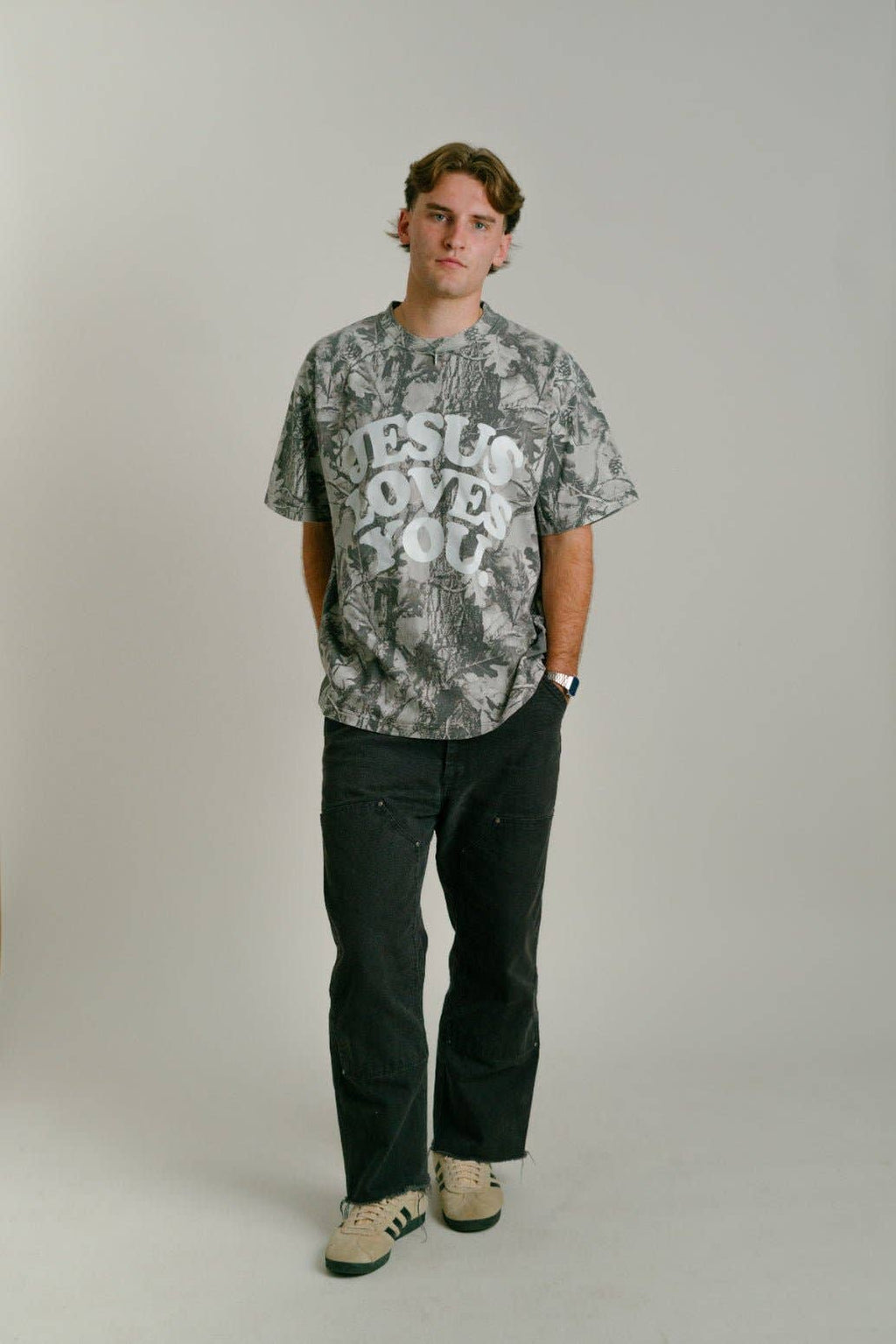 The Jesus Loves You Oversized Midnight Oak Camo Tee