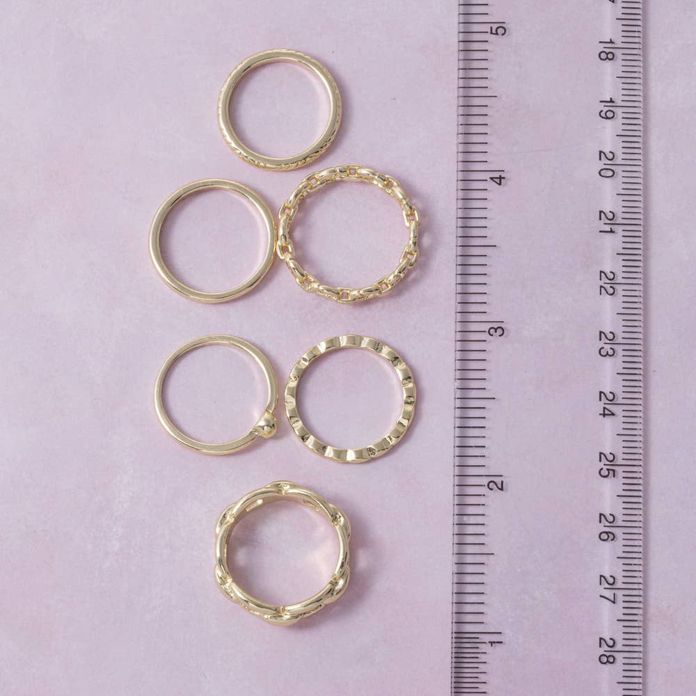 5 Piece Gold Chain And Band Ring Stack Set