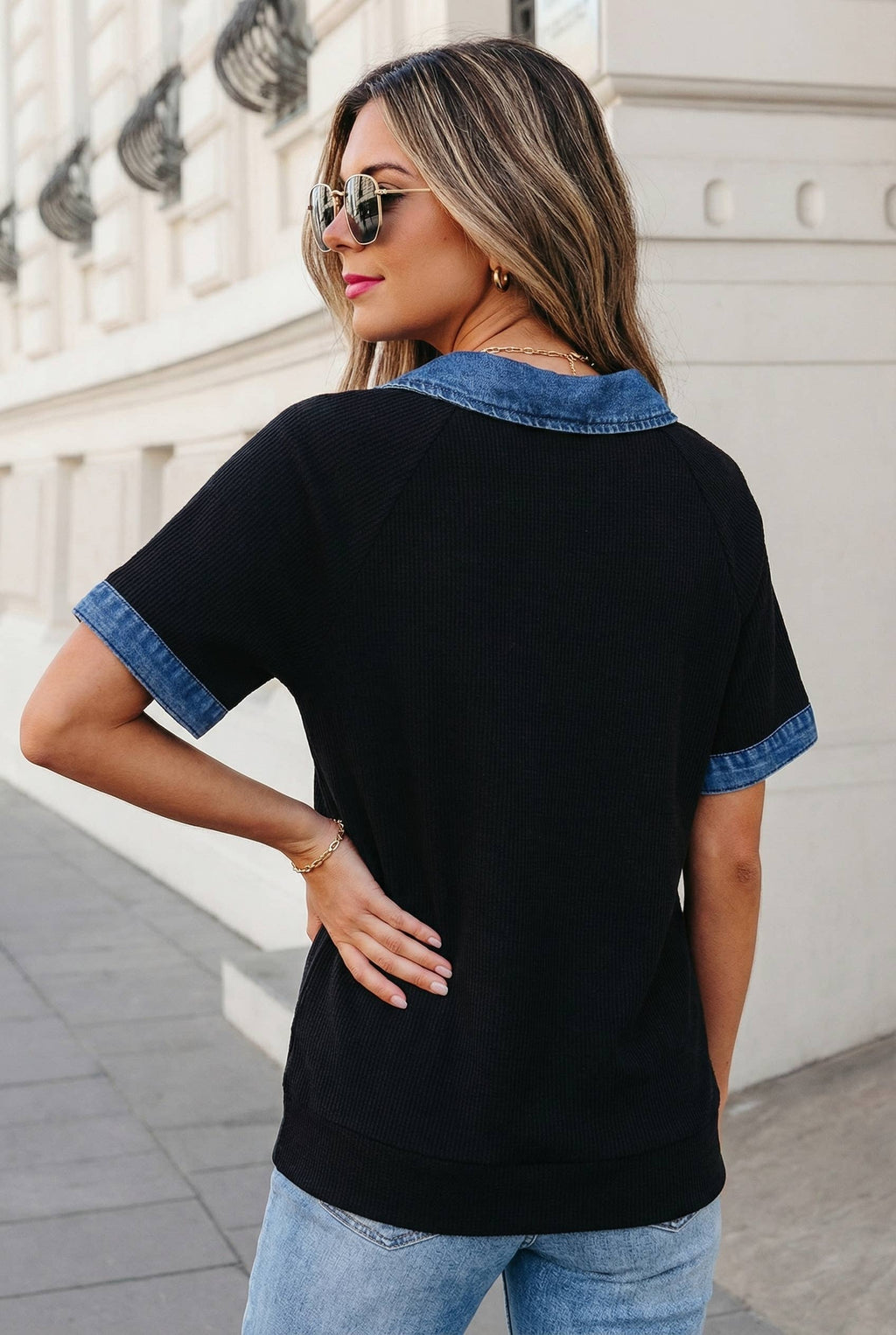 Denim Polo Collar Short Sleeve Top