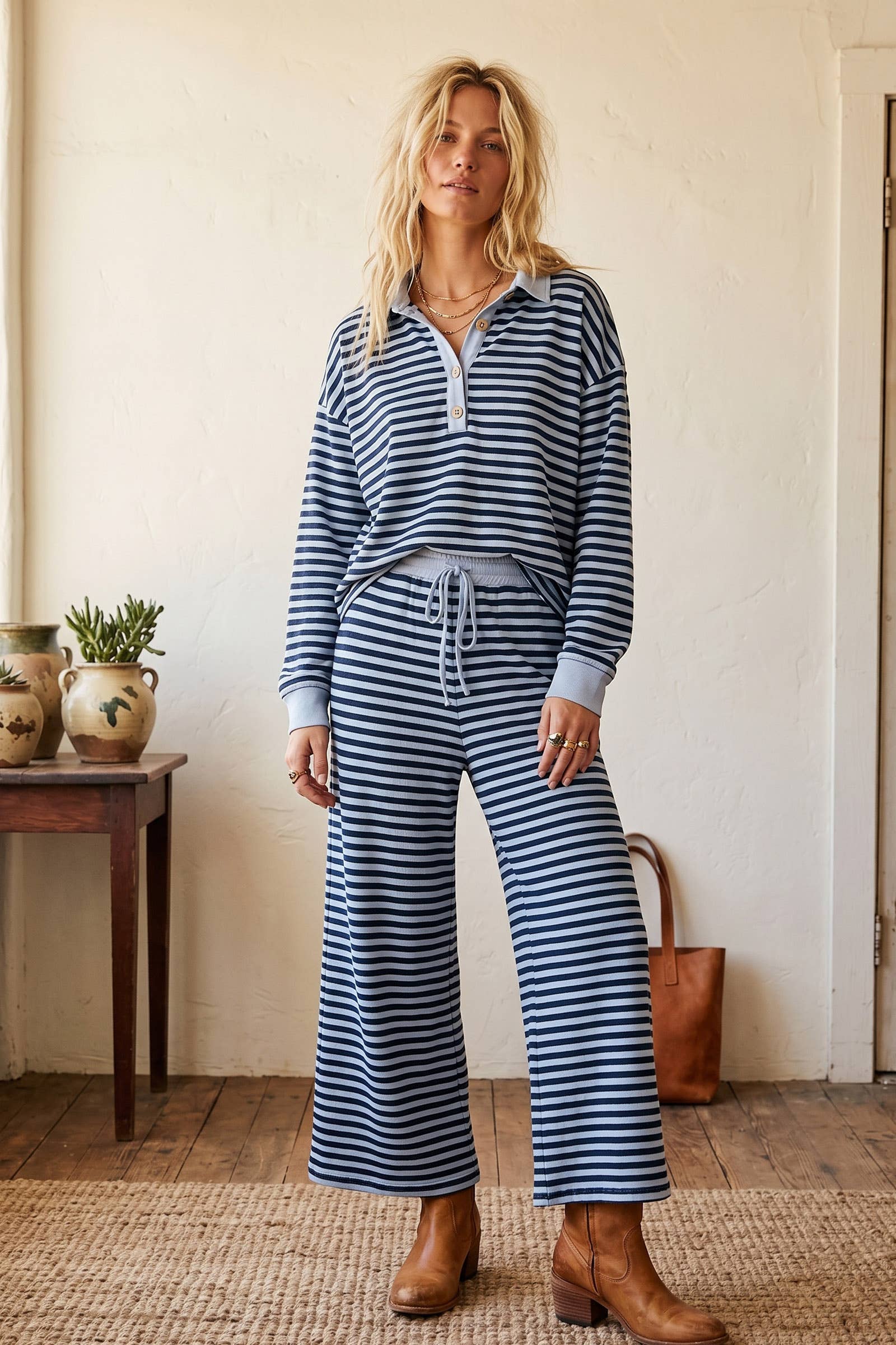 Soft Touch Lightweight Stripe Wide Leg Set