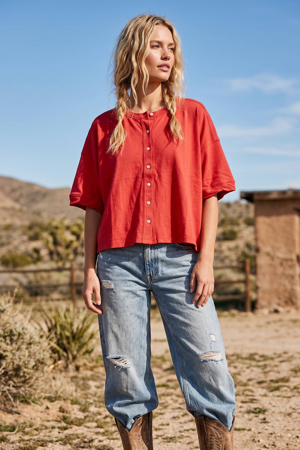 Oversized Button Front Stretch Lightweight Knit Top