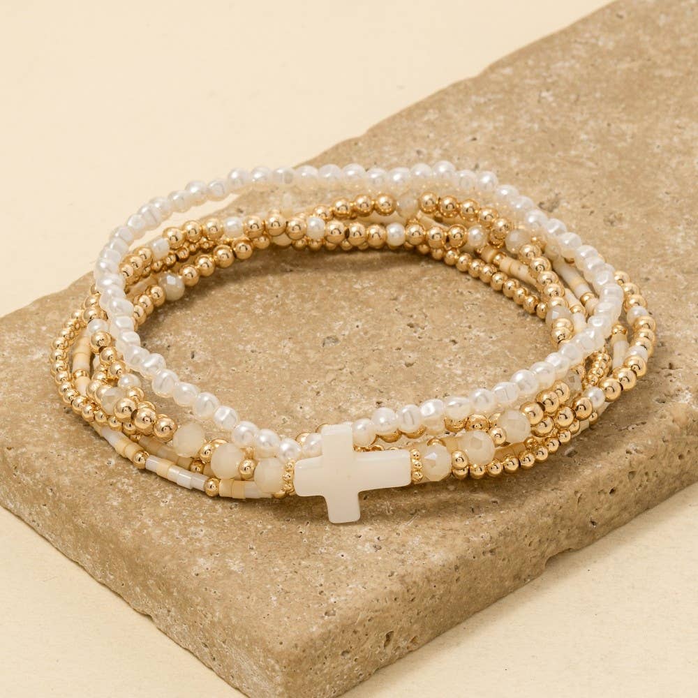 Sea Shell Cross Charm Mixed Mini Beaded Bracelet Set