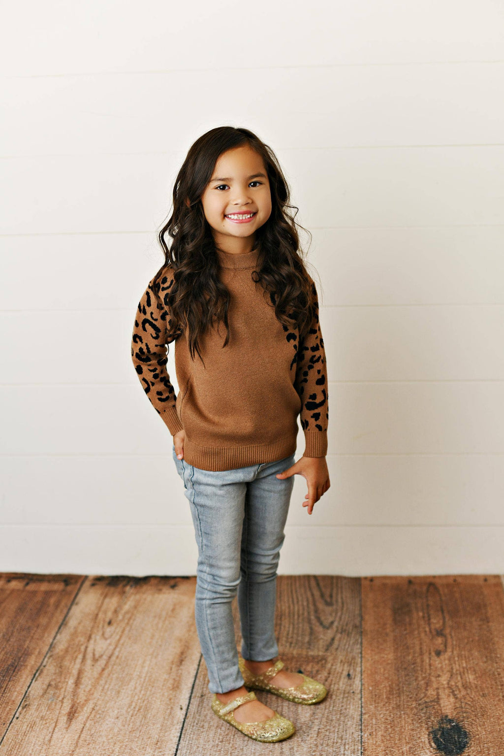 Girls Leopard Sleeve Sweater