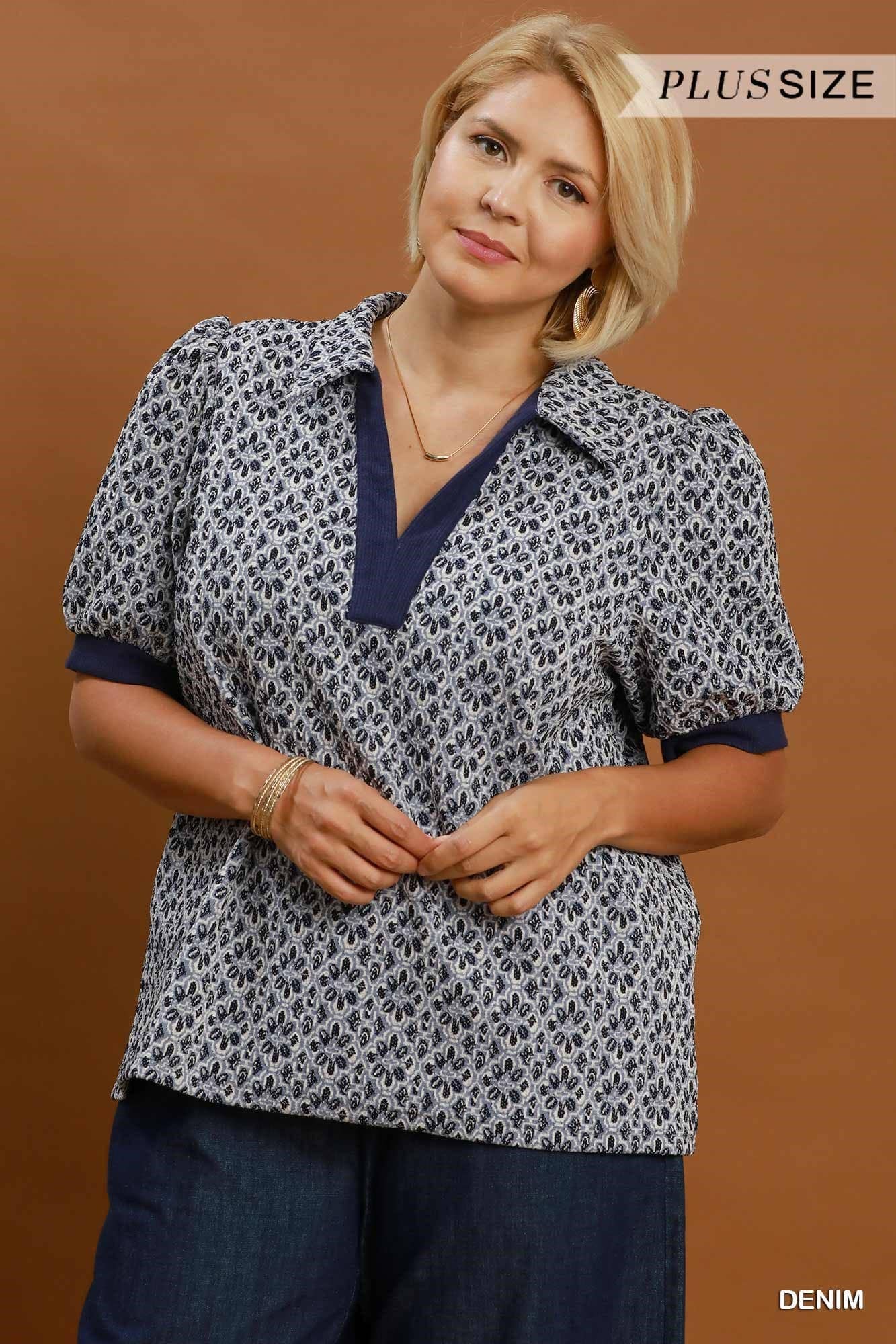 Collared Puff Sleeve Plus Top