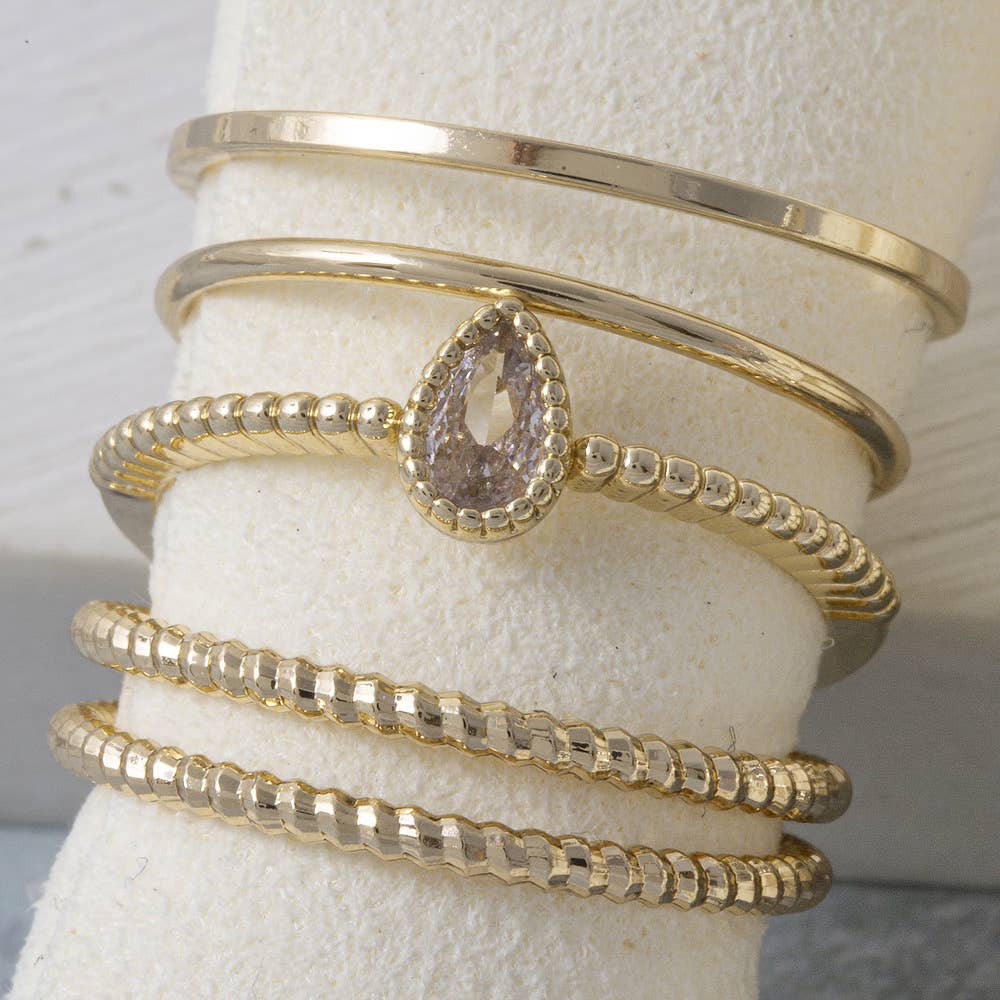 Five Piece Cz Bezel Pear Stone Stacking Ring Set