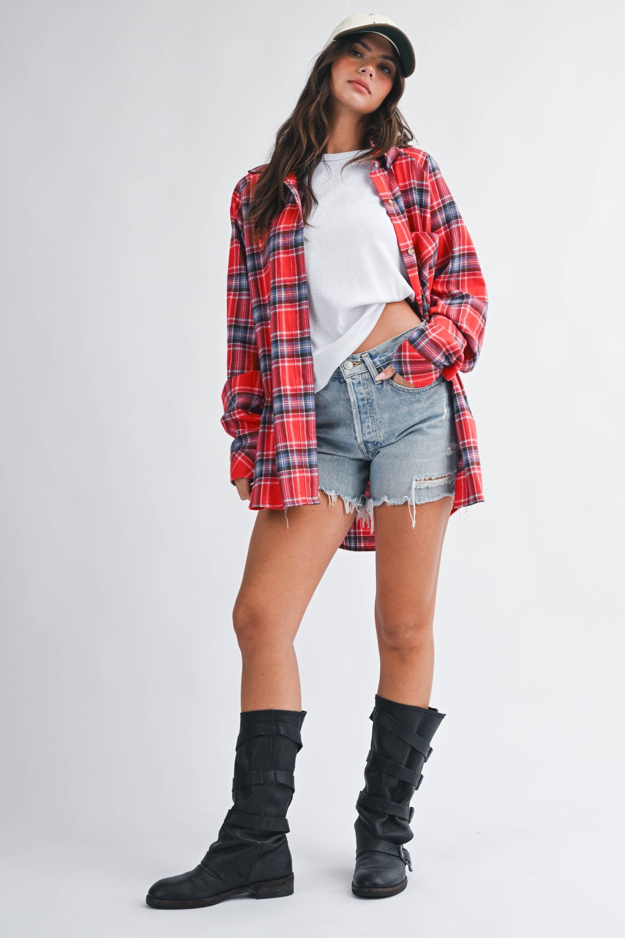 Oversized Red Plaid Button Down Shirt