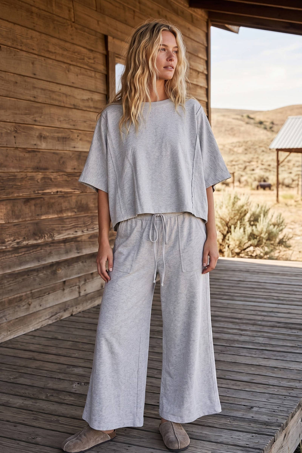 Brushed Stretch Boxy Top & Wide Leg Pant Set
