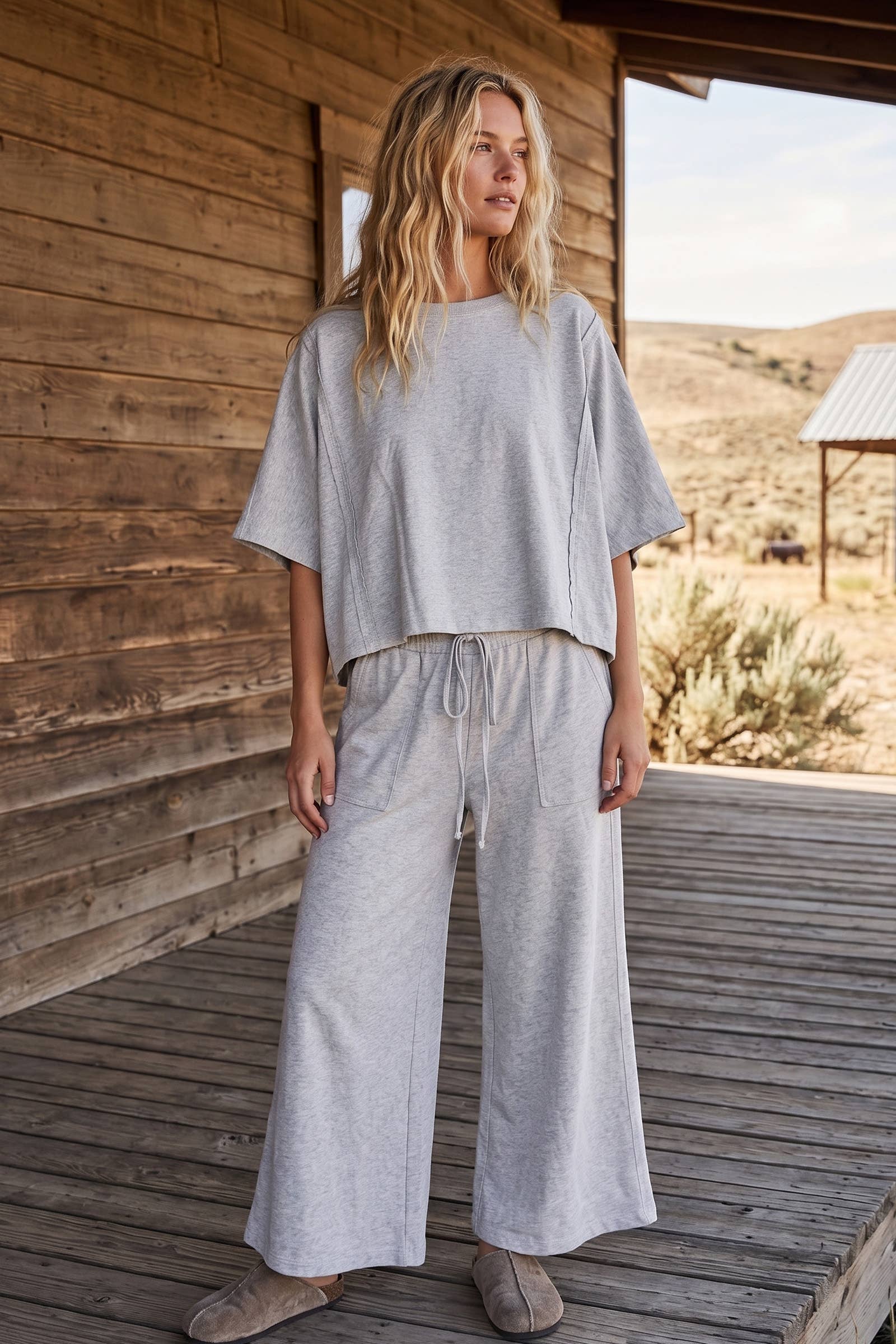 Brushed Stretch Boxy Top & Wide Leg Pant Set