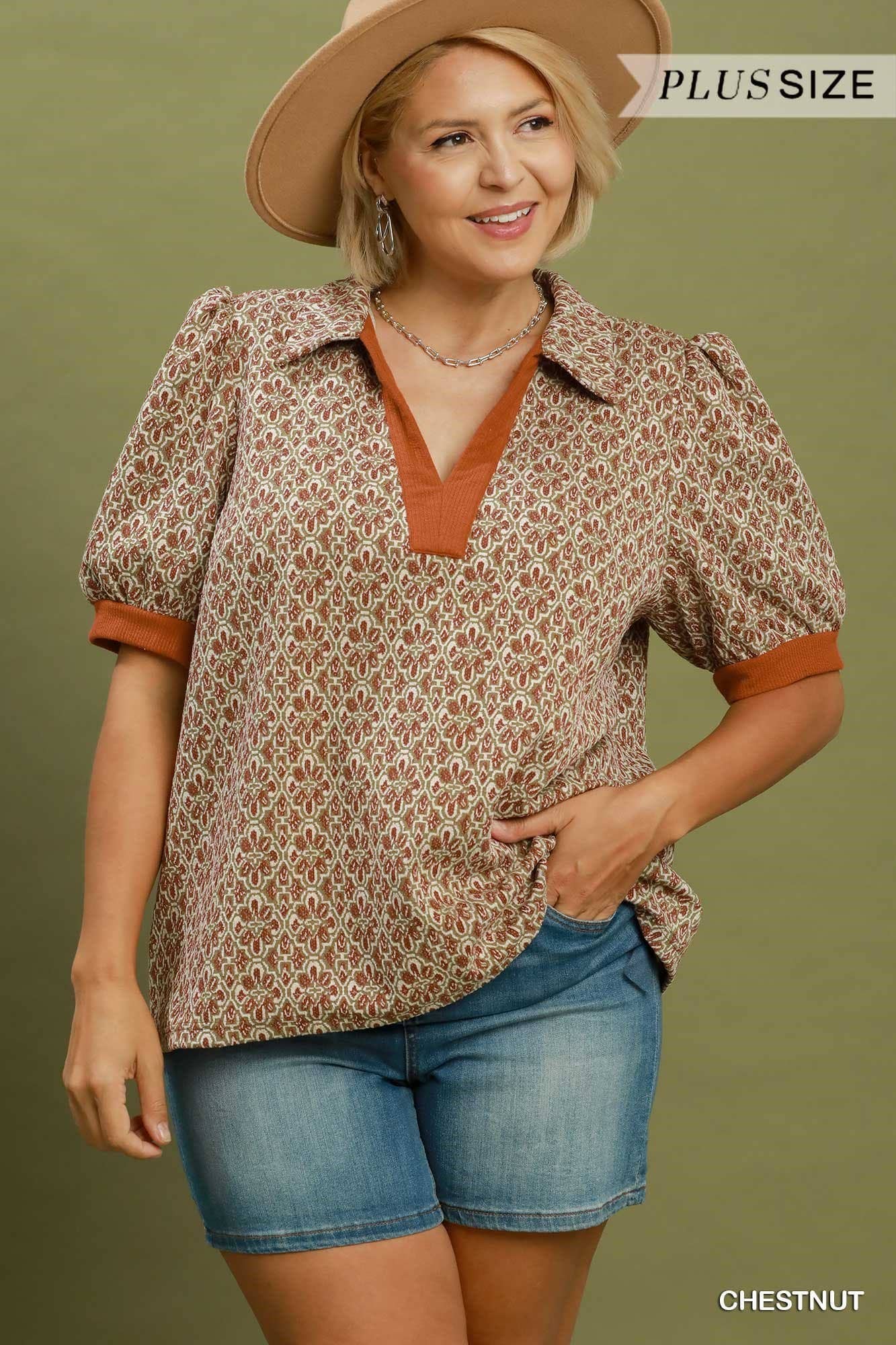 Collared Puff Sleeve Plus Top
