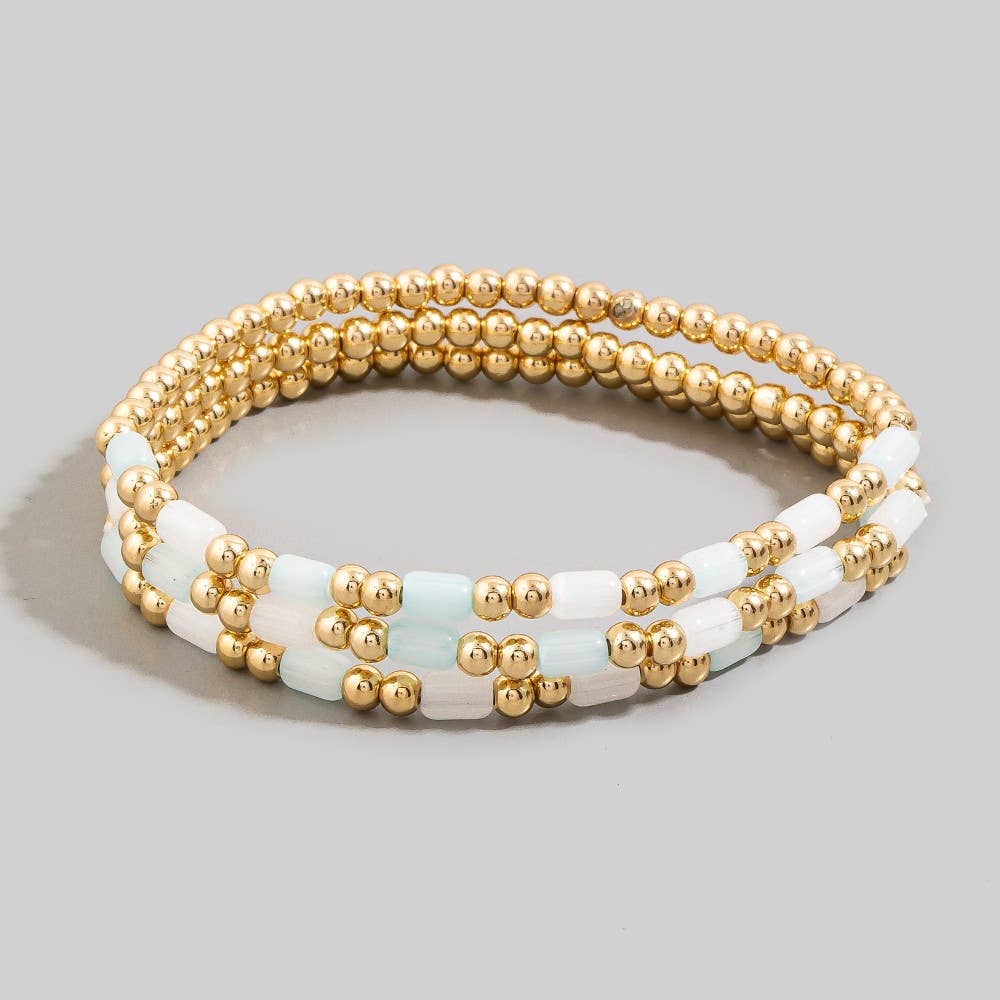 Tube & Gold Ball Beaded Stretch Bracelet Set