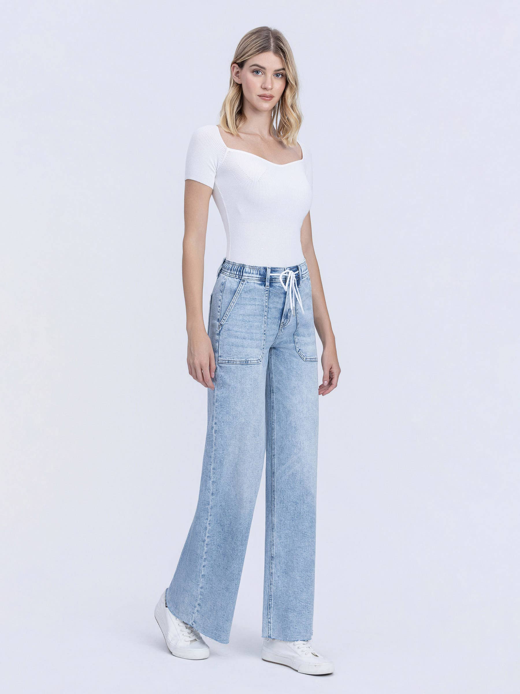 High Rise Drawstring Wide Leg Jeans - Flying Monkey