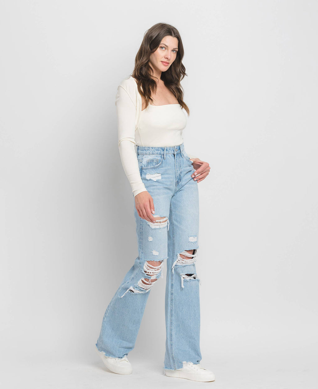 Throwback Distressed Flare Jeans by Flying Monkey