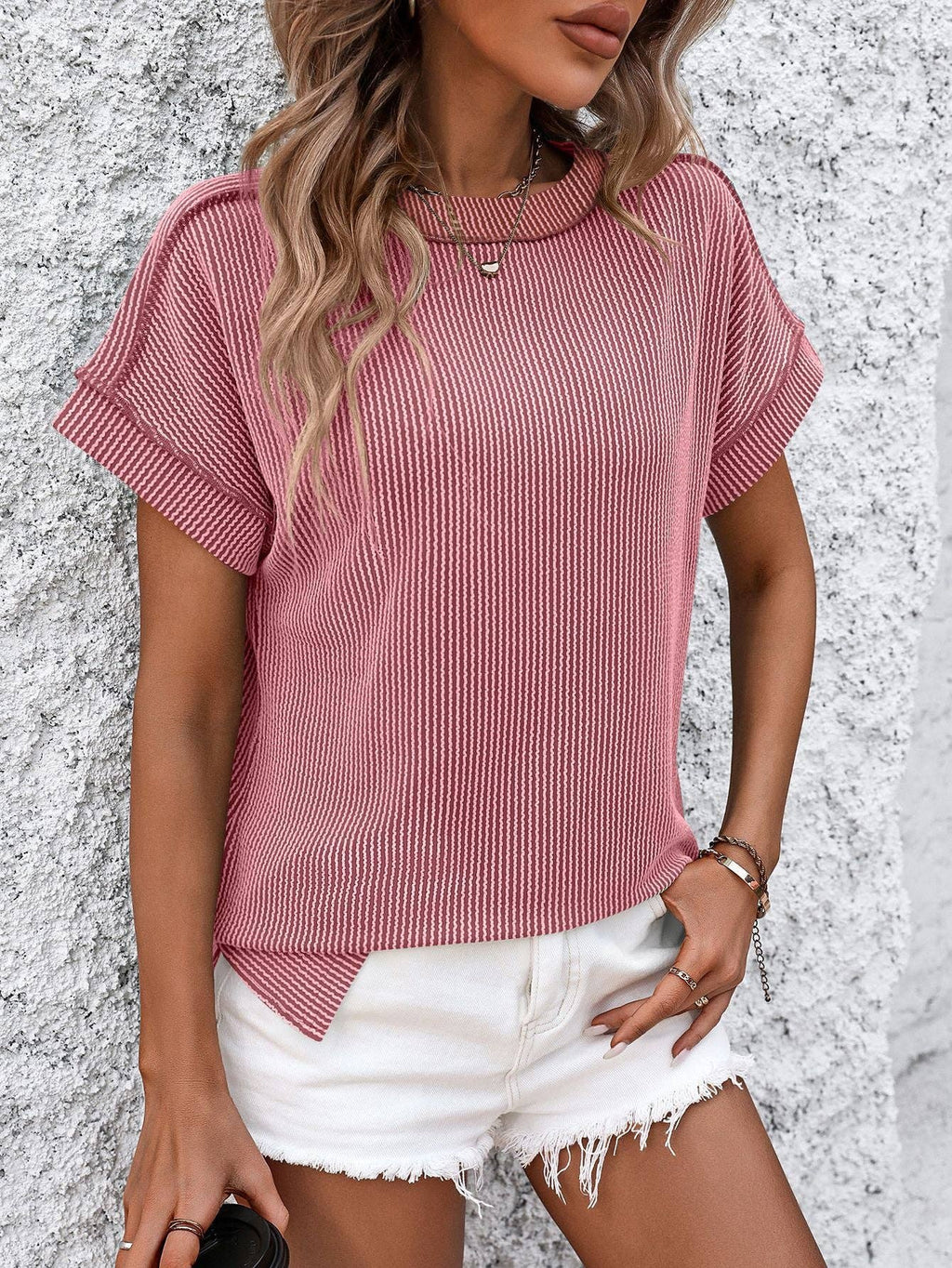 Textured Stripe Crew Neck Tee