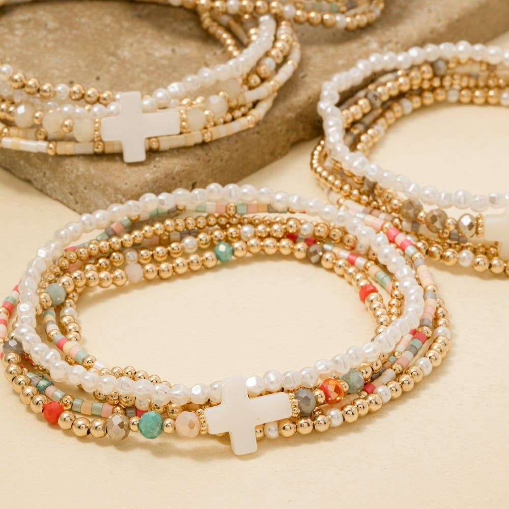 Sea Shell Cross Charm Mixed Mini Beaded Bracelet Set