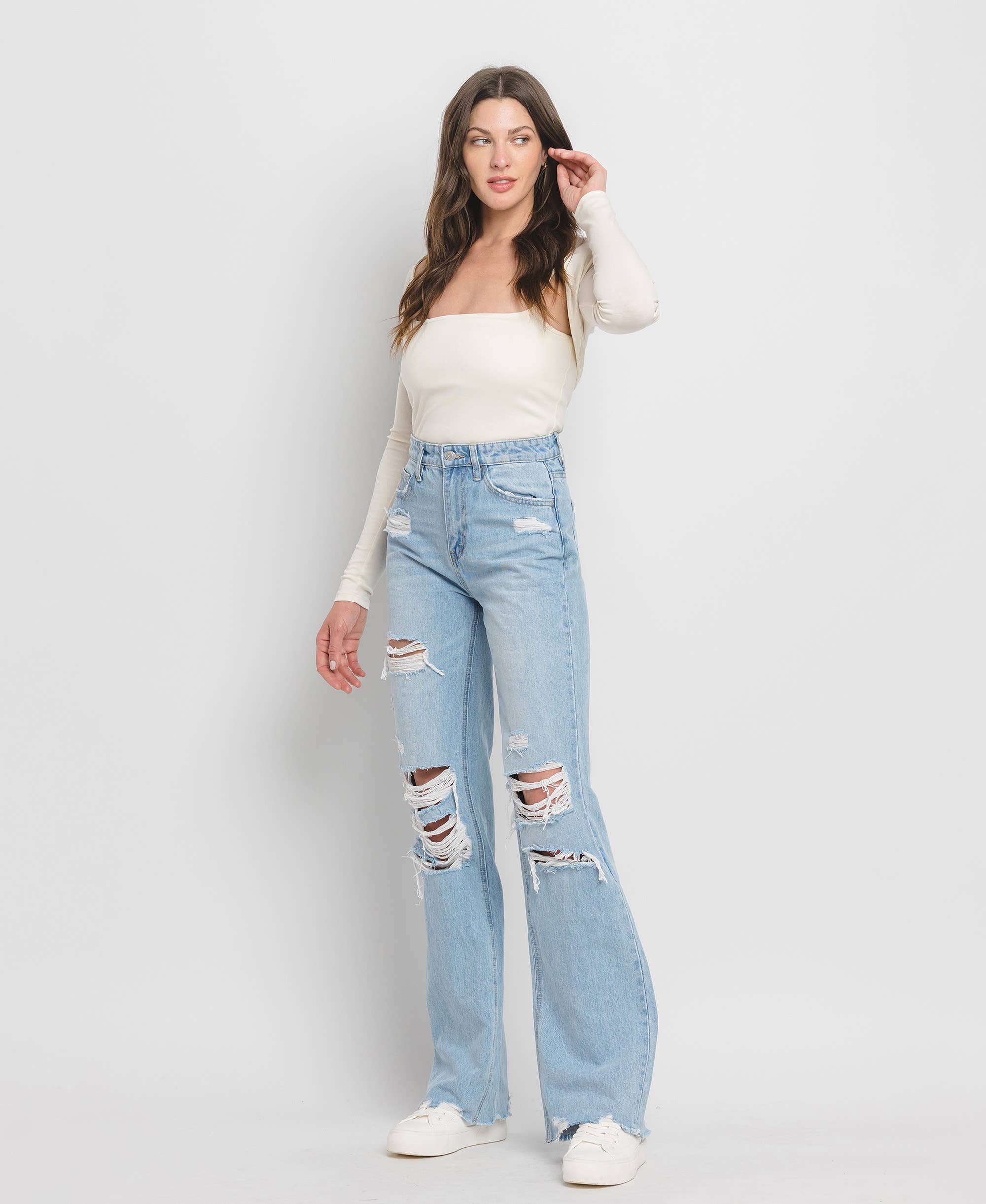 Throwback Distressed Flare Jeans by Flying Monkey
