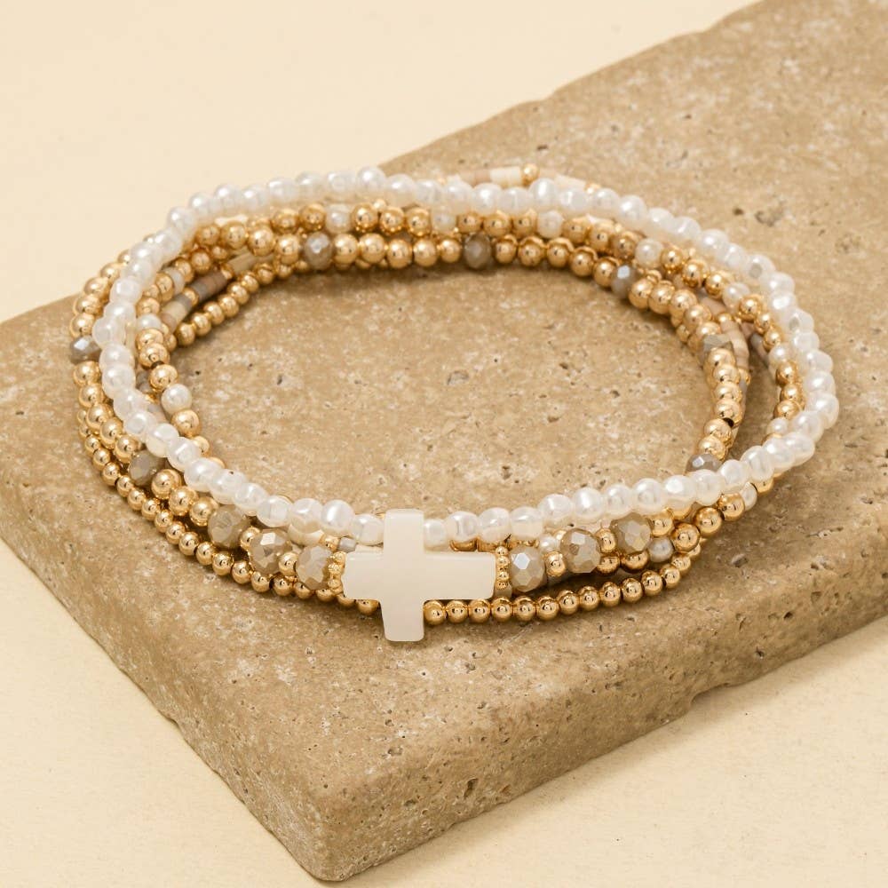 Sea Shell Cross Charm Mixed Mini Beaded Bracelet Set