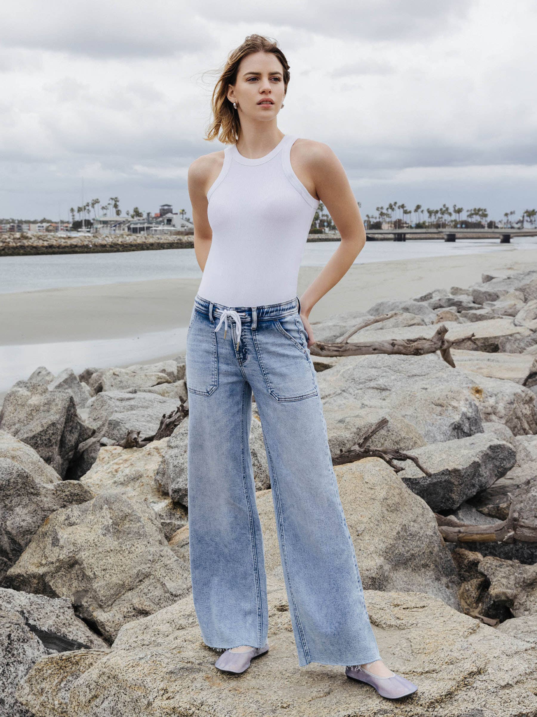 High Rise Drawstring Wide Leg Jeans - Flying Monkey