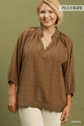 Plus Textured Plaid Scallop Hem Detail Top