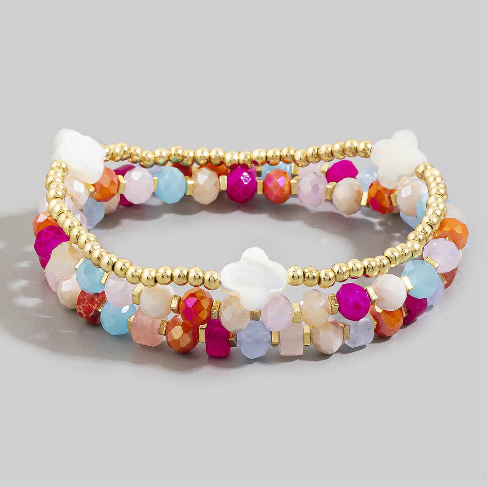 Shell Clover Multi Bead Layer Stretch Bracelet