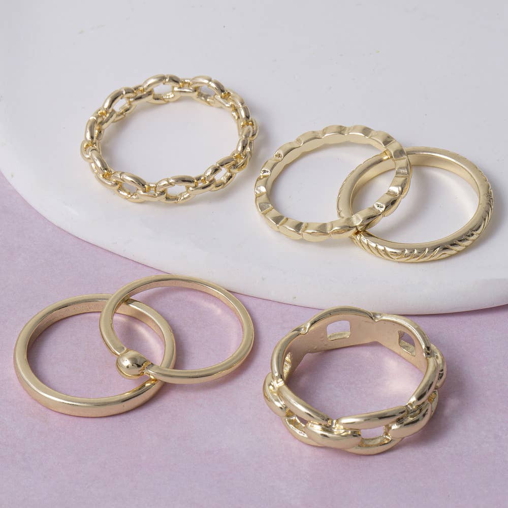 5 Piece Gold Chain And Band Ring Stack Set
