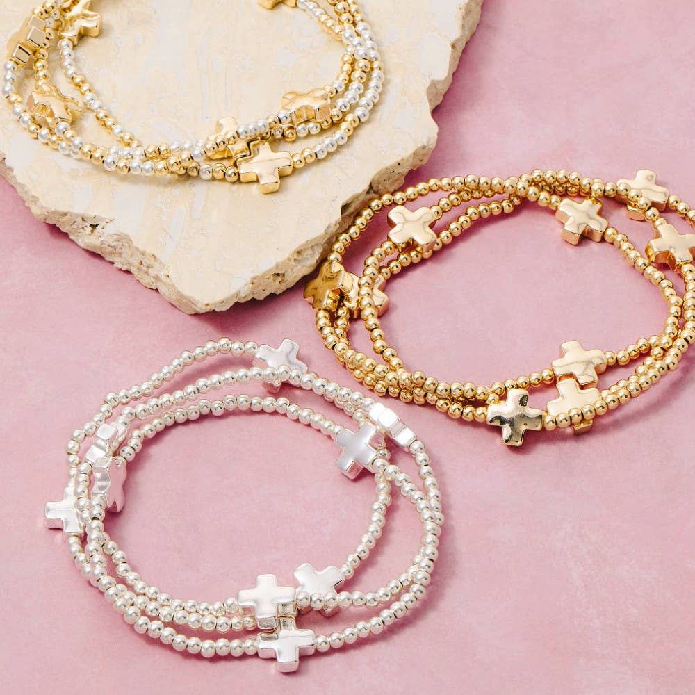Mini Cross Charms And Metallic Beads Bracelet Set