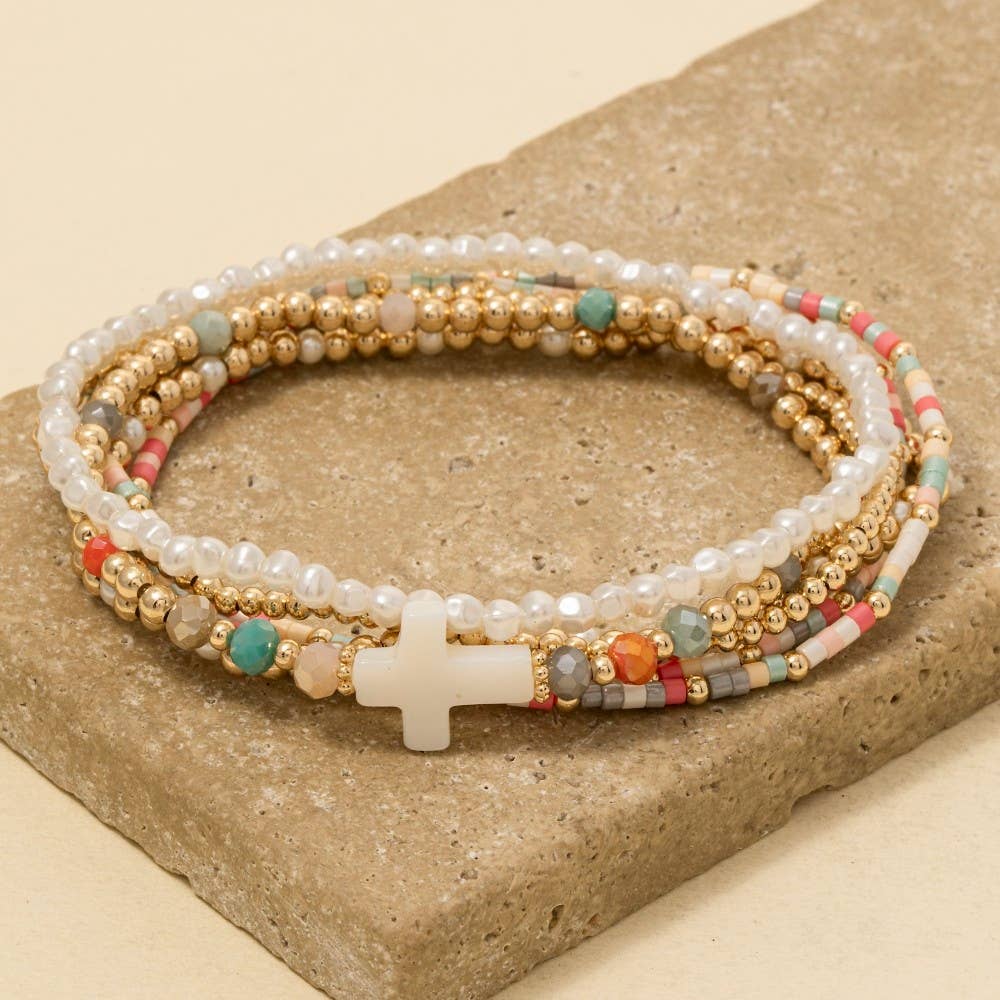 Sea Shell Cross Charm Mixed Mini Beaded Bracelet Set