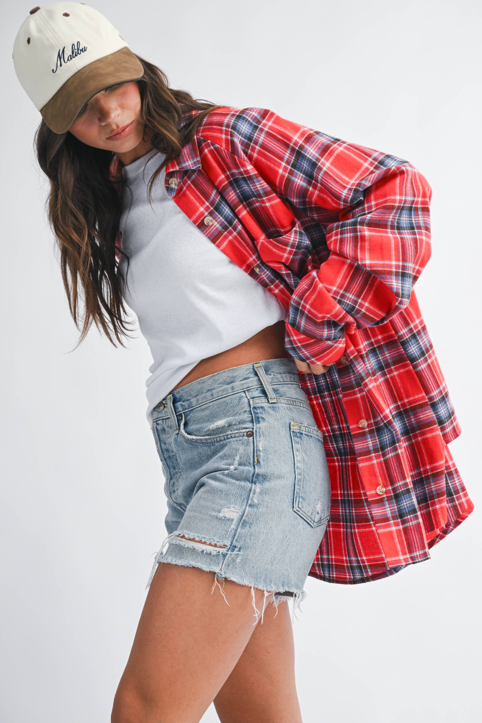 Oversized Red Plaid Button Down Shirt