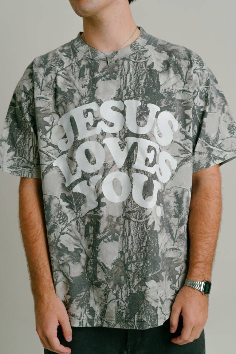 The Jesus Loves You Oversized Midnight Oak Camo Tee