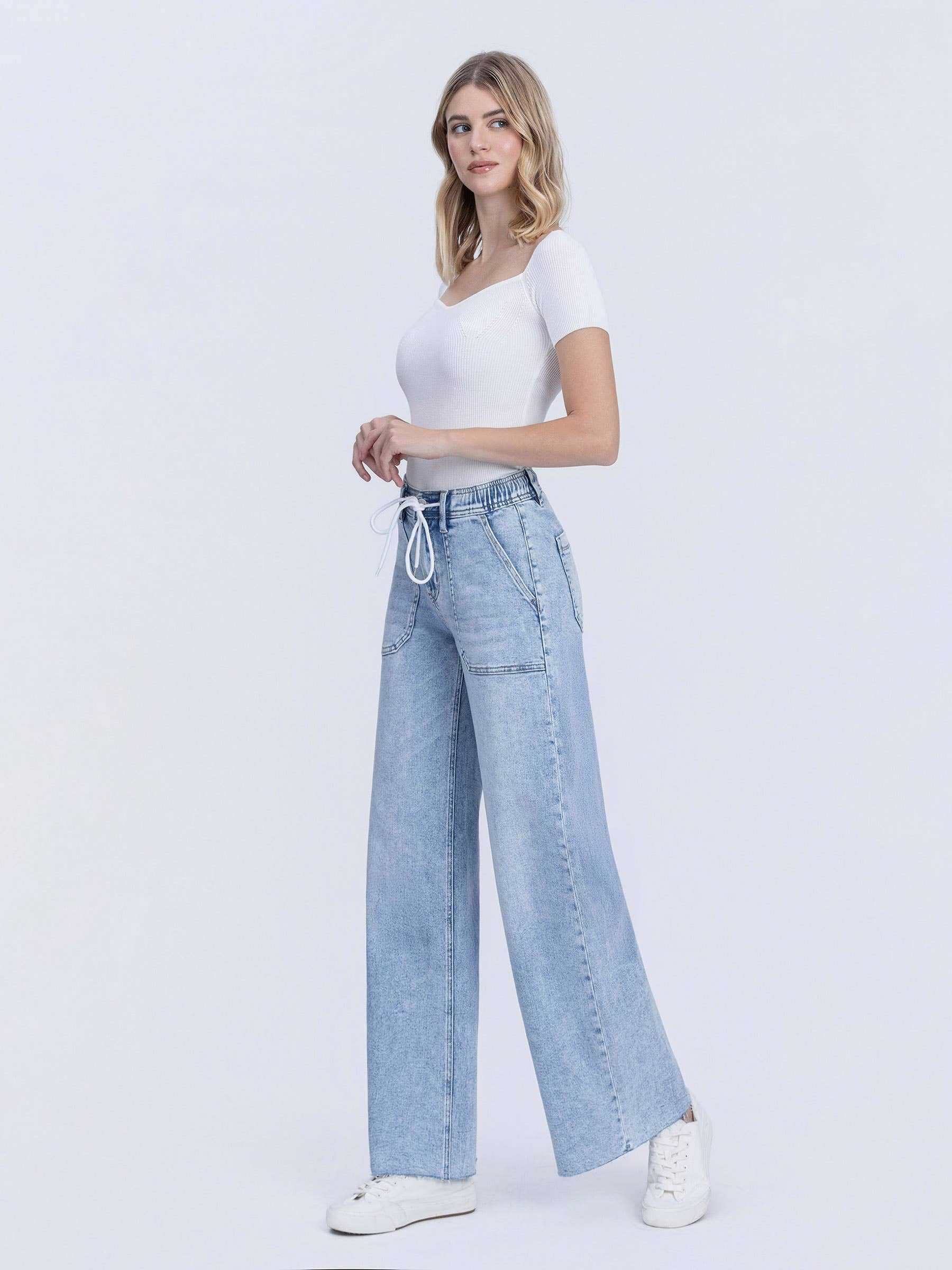 High Rise Drawstring Wide Leg Jeans - Flying Monkey