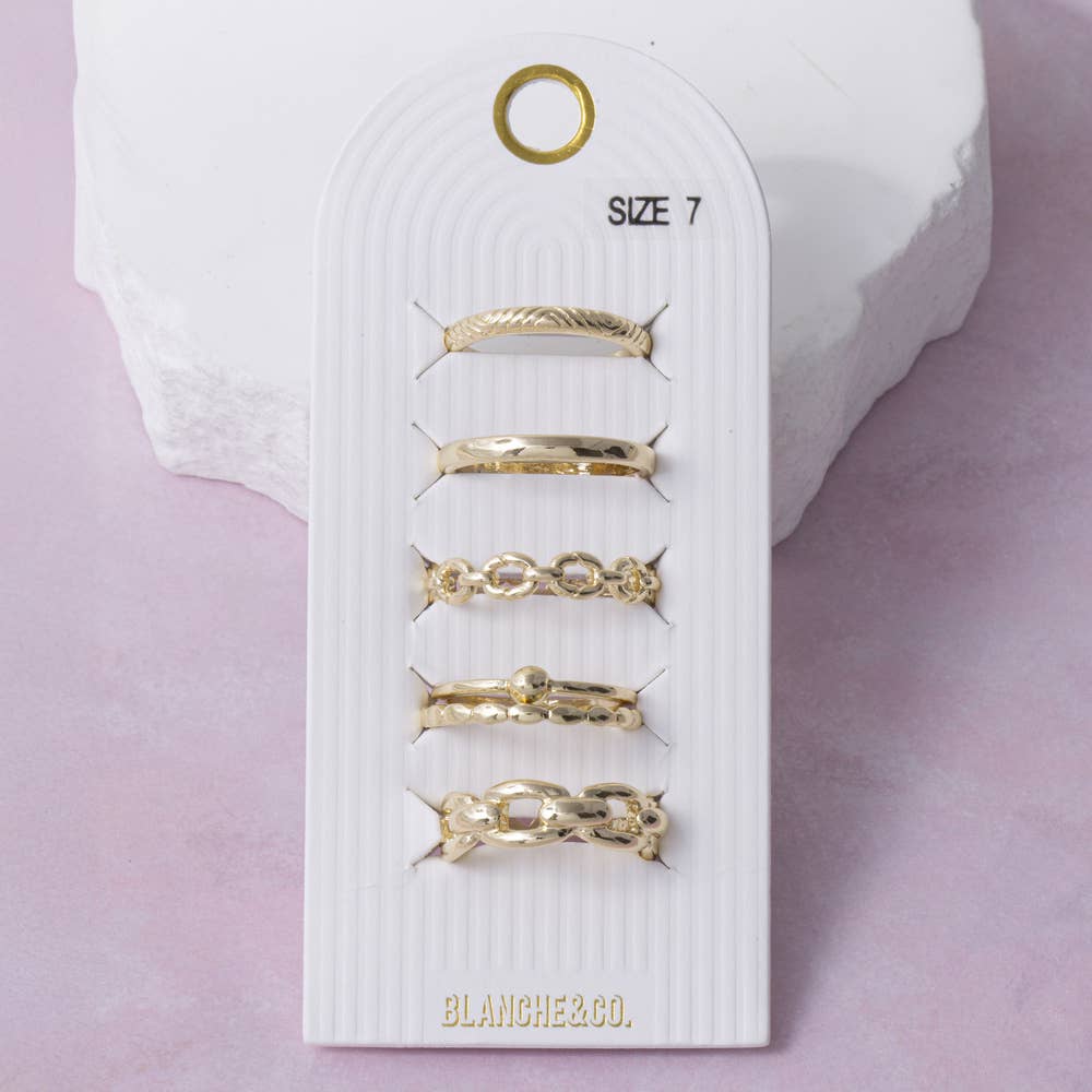 5 Piece Gold Chain And Band Ring Stack Set