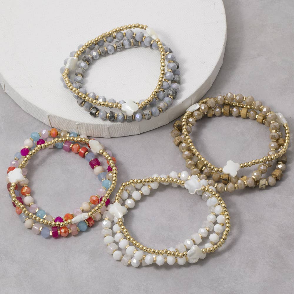 Shell Clover Multi Bead Layer Stretch Bracelet