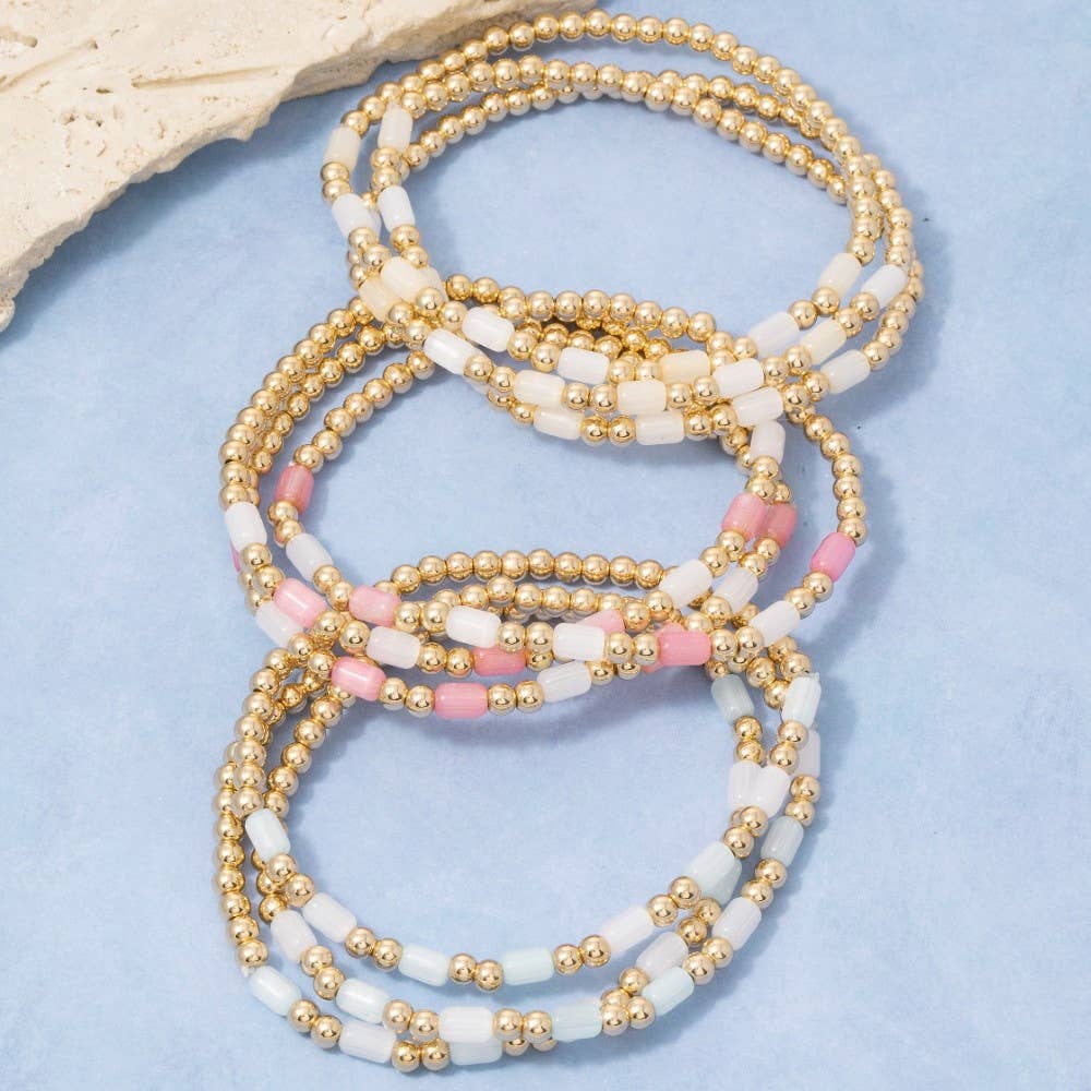 Tube & Gold Ball Beaded Stretch Bracelet Set