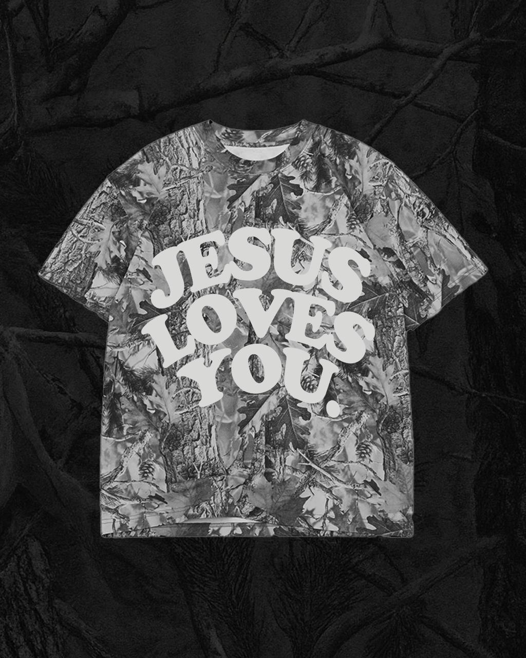The Jesus Loves You Oversized Midnight Oak Camo Tee