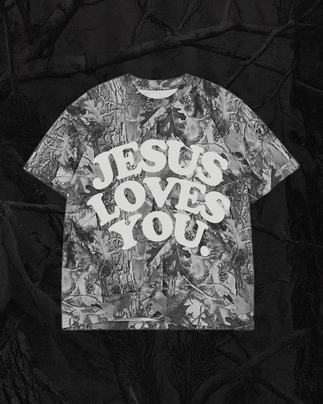 The Jesus Loves You Oversized Midnight Oak Camo Tee