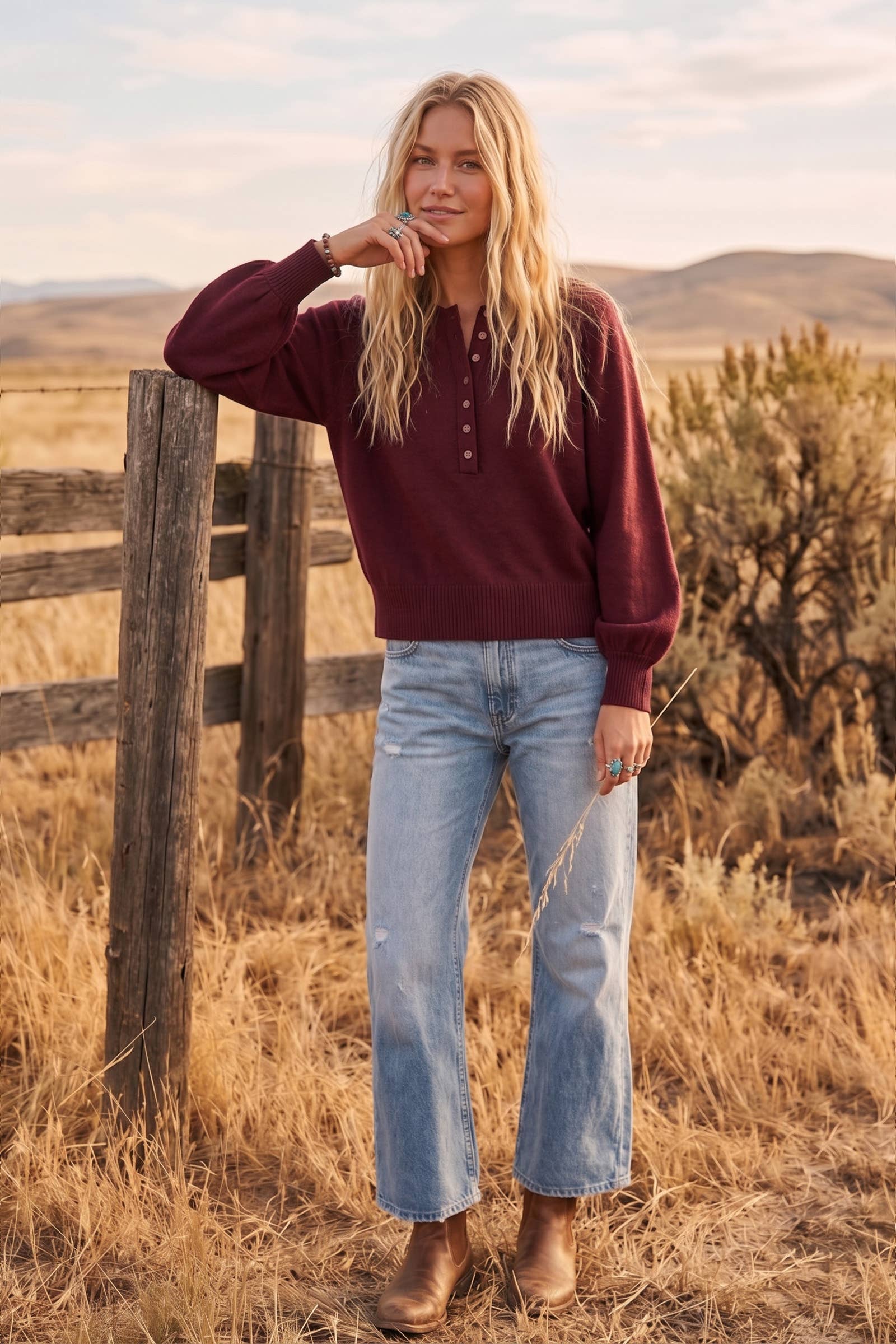 Henley Balloon Sleeve Sweater Top