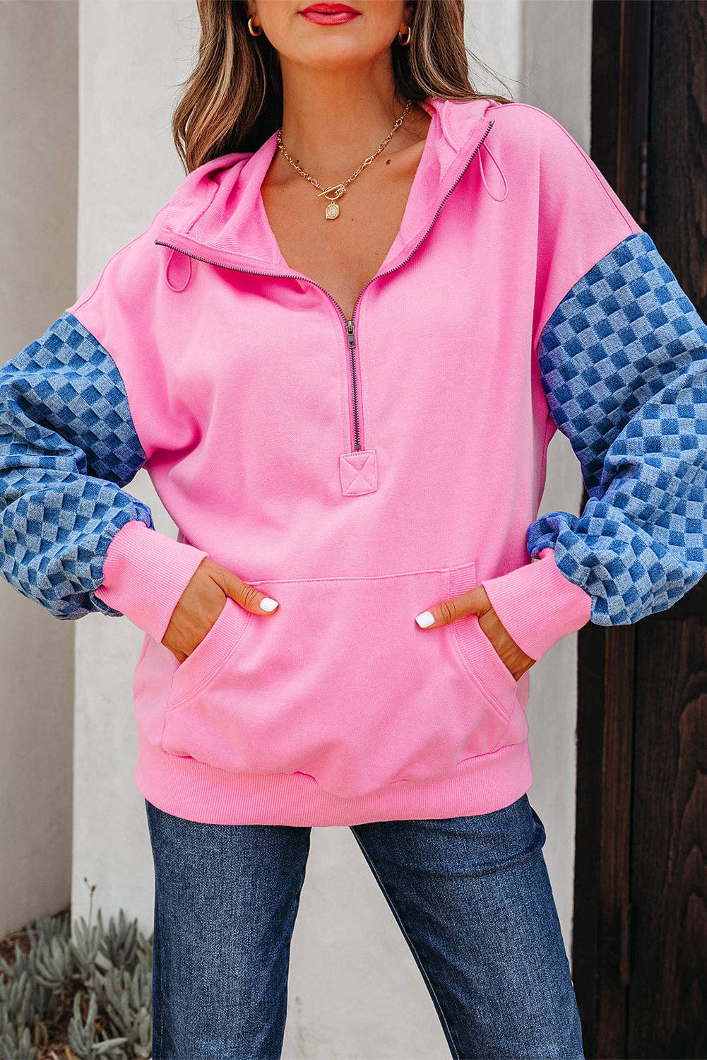 Bonbon Checkered Patchwork Hoodie