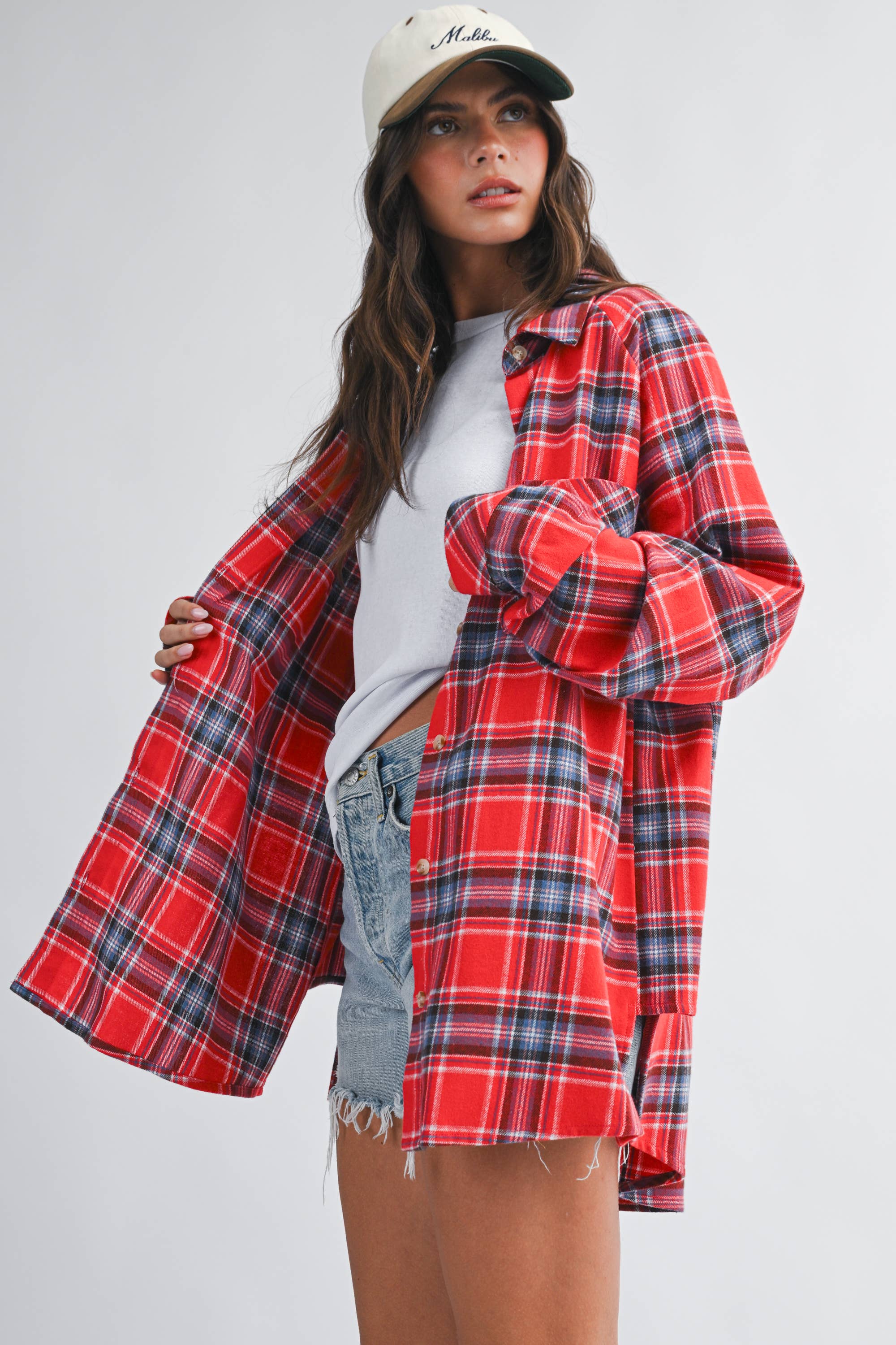 Oversized Red Plaid Button Down Shirt